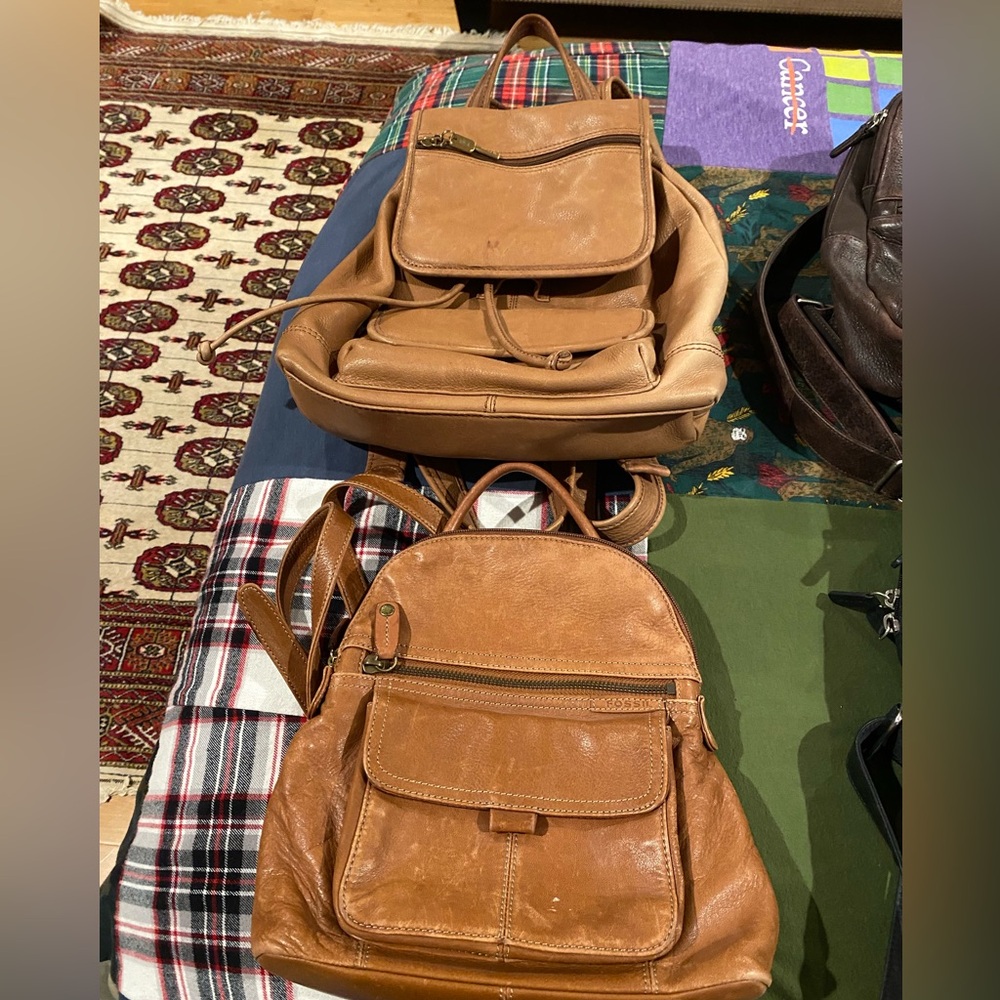 Set 2 Fossil Tan Leather Satchel Backpacks, 1 lg 1 sm